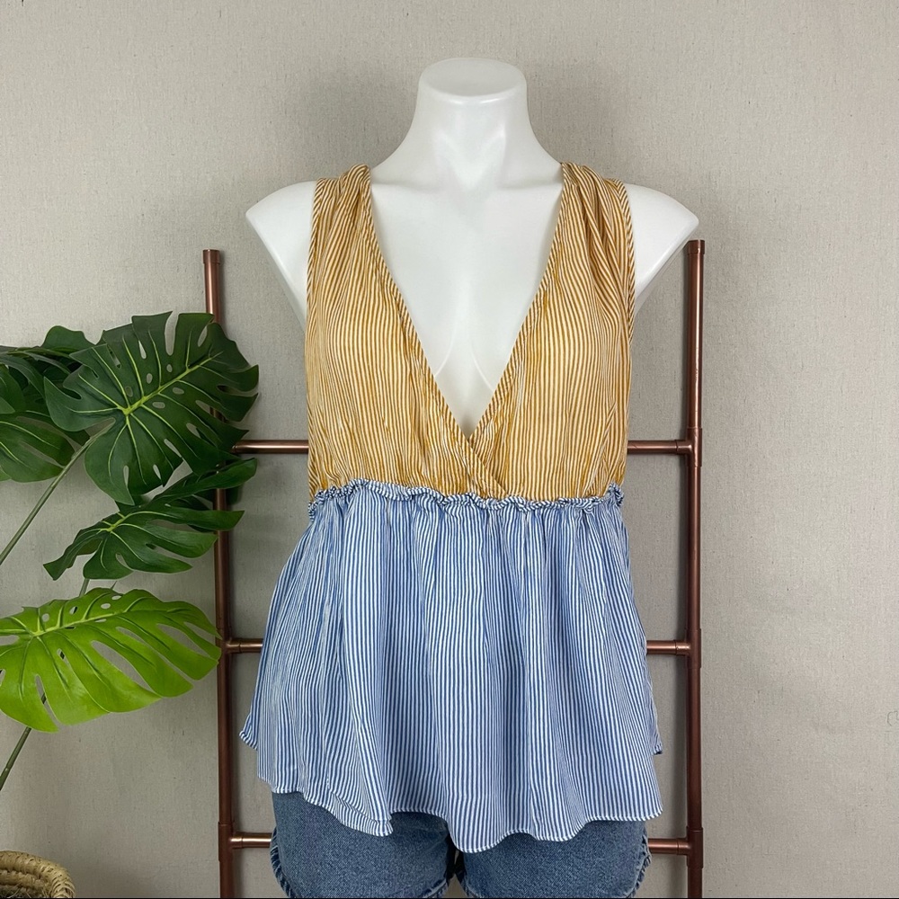 Nordstrom’s BP. Mustard Yellow & Blue Striped Sleeveless Peplum Top (Sz …